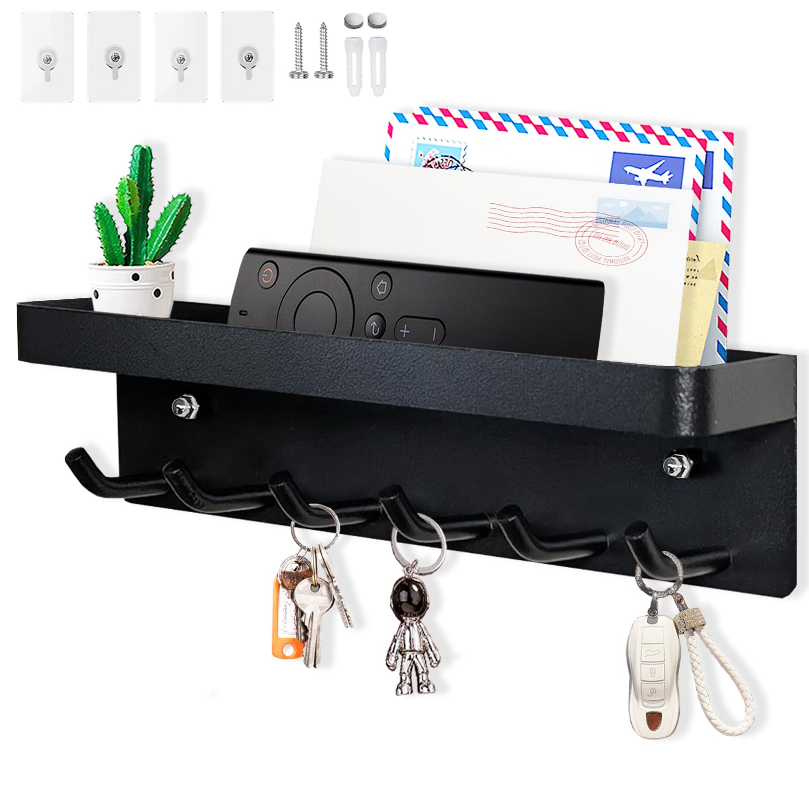 Echehi 6 Hooks Key Holder, Self-Adhesive or Drilled Wall Key Rack, Key Hooks Wall Mounted for Entrance Areas, Offices, Bathrooms, Living Rooms. Black