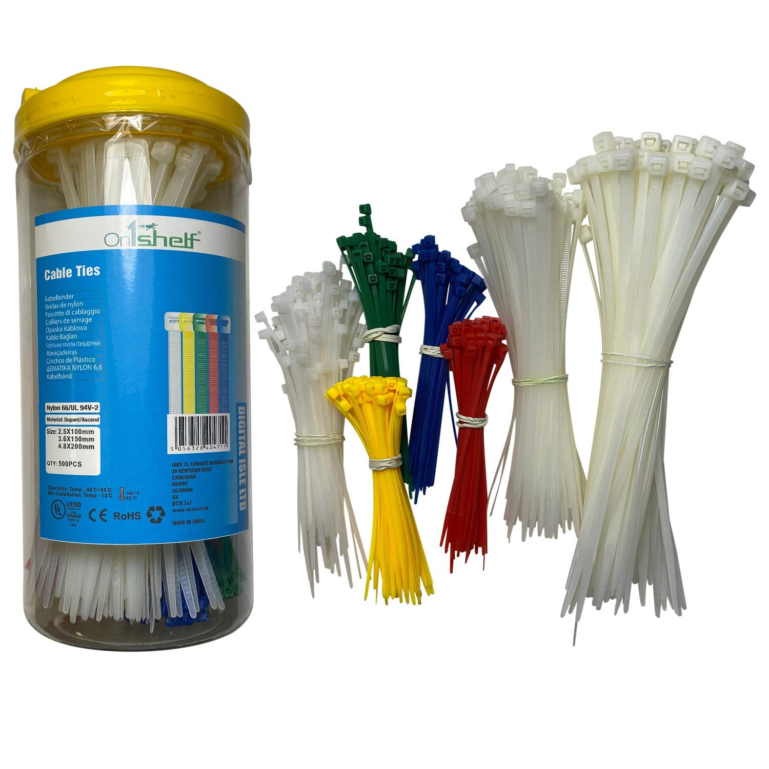 On1shelf Multicolour 500 Pieces Coloured Assorted Cable Ties Nylon 4 Colurs And White Tie Wraps