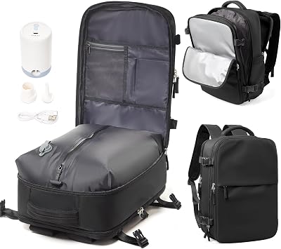Vacuum Backpack with Pump for Women Men, Compression Backpack for Travel, Vacpack for School Business Trip, Lightweight Airback Backpacks with Vacuum Seal, Carry On Bag for Airport Black Large