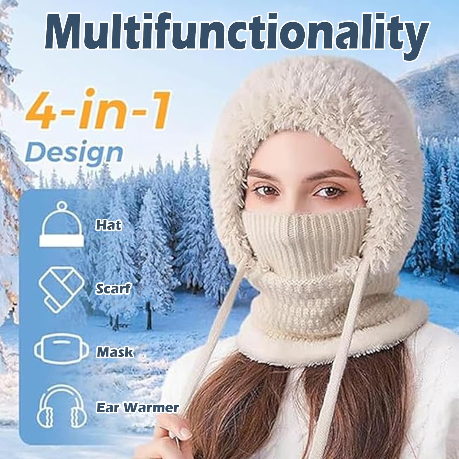 2 gorros 3 en 1 con bufanda y máscara para mujer, conjunto de bufanda y máscara de esquí de punto, todo en uno, sombrero resistente al viento