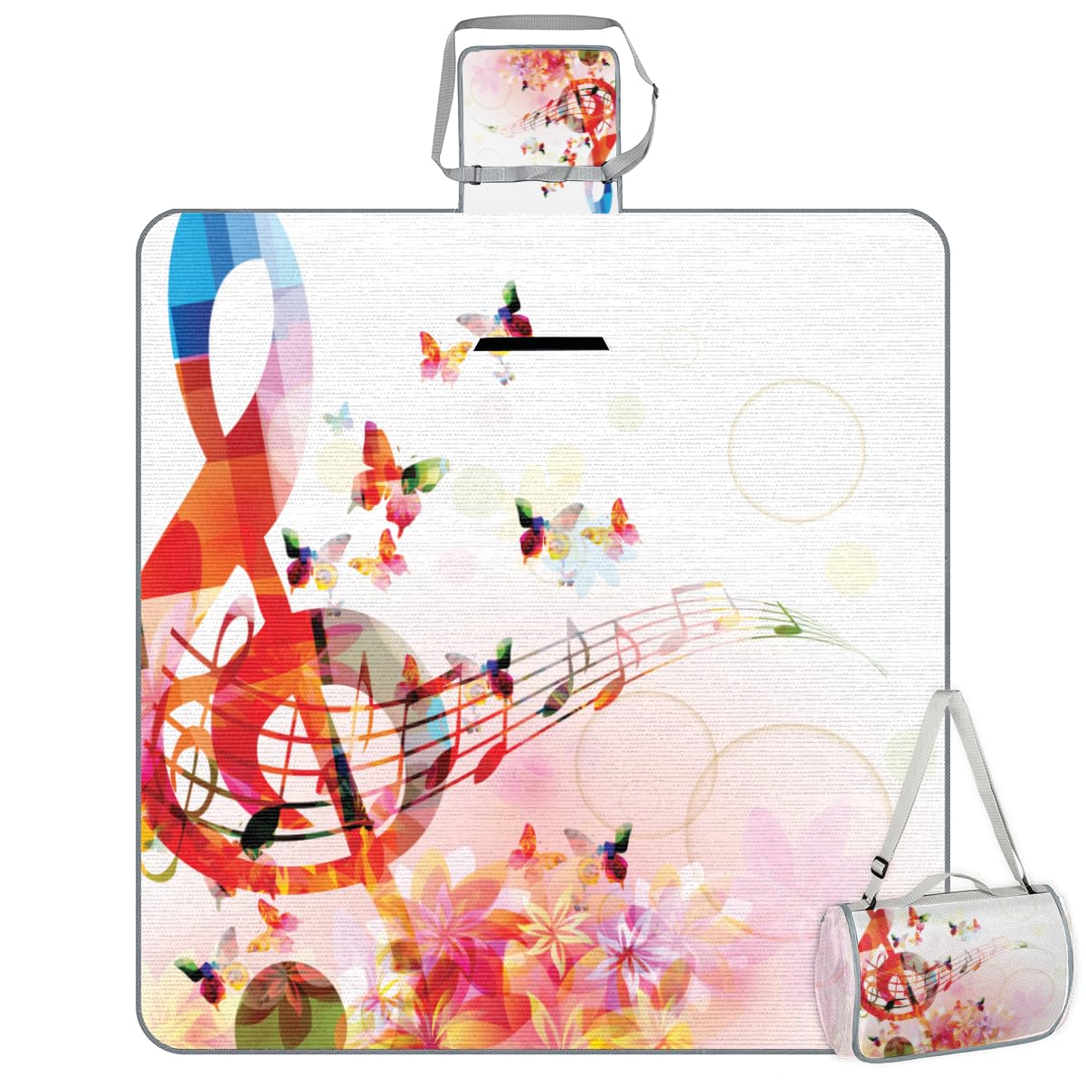 Shimoshe Picnic Blankets 57”x 59”, Flower Butterfly Music Notes Waterproof Sandproof Picnic Mat Lightweight Foldable Beach Blanket for Camping Park Grass Beach Outdoor Blanket