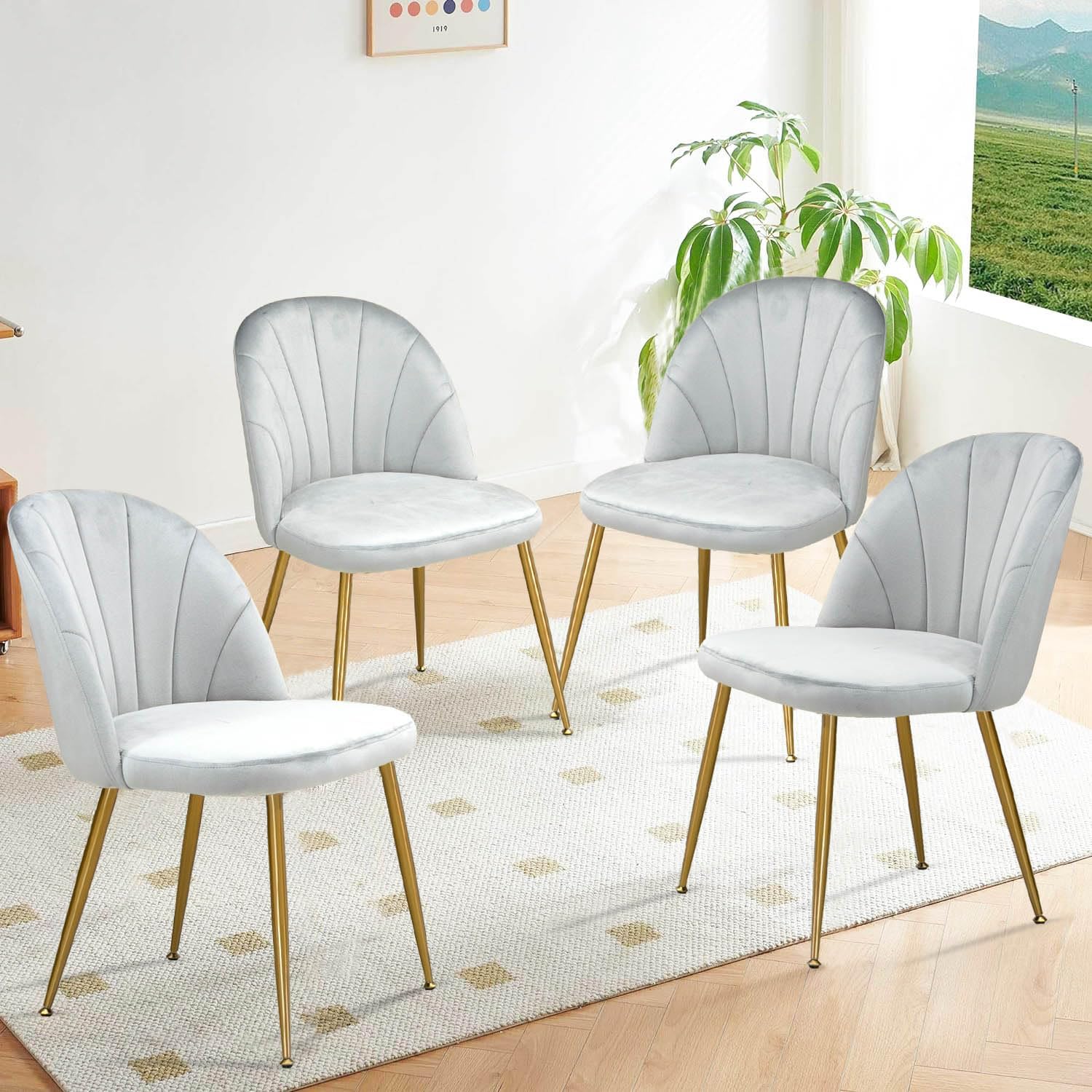 X-VOLSPORT Velvet Dining Chairs Set of 4, Armless Side Chair with Golden Metal Legs, Office Guest Chair for Reception, Modern Accent Chair Set for Living Room Bedroom, Gre