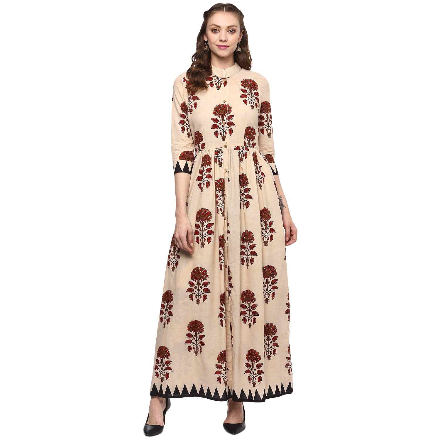 NATTY INDIA Beige Hand Block Printed Long Women�s Cotton Designer Kurti, Size M-7XL