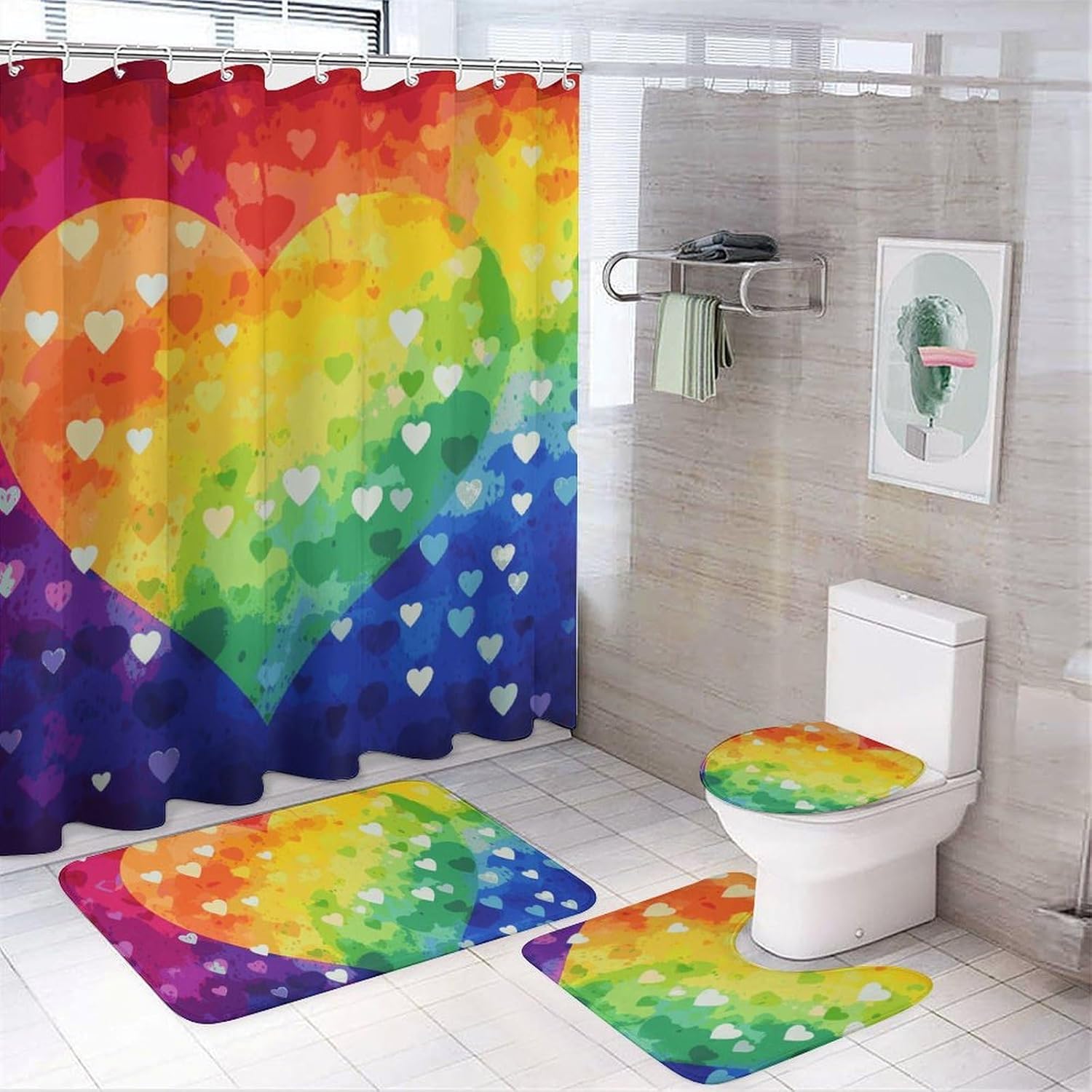 Colorful Rainbow Love Heart Shower Curtain Set 4 Piece, Non-Slip Bath Mat with Toilet Lid Cover and Waterproof Shower Curtain with 12 Hooks, Complete Bathroom Set for Home Decor