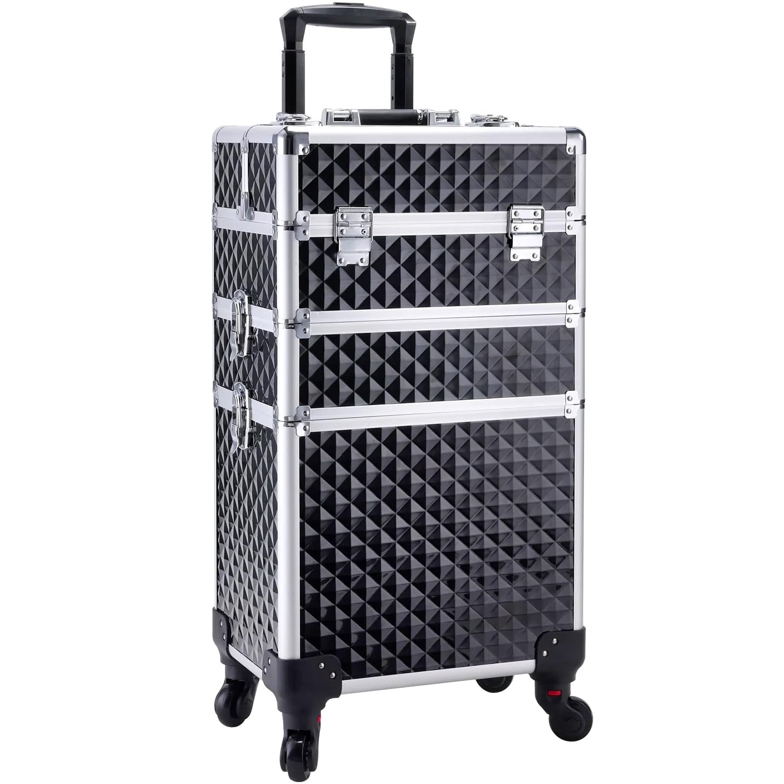 Adazzo 3 in 1 Professional Rolling Makeup Train Case Aluminum Trolley Case with 360° Rotation Wheels for Makuep Artist Cosmetic Suitcase Organizer with Lock and Key Diamond Pattern - Black
