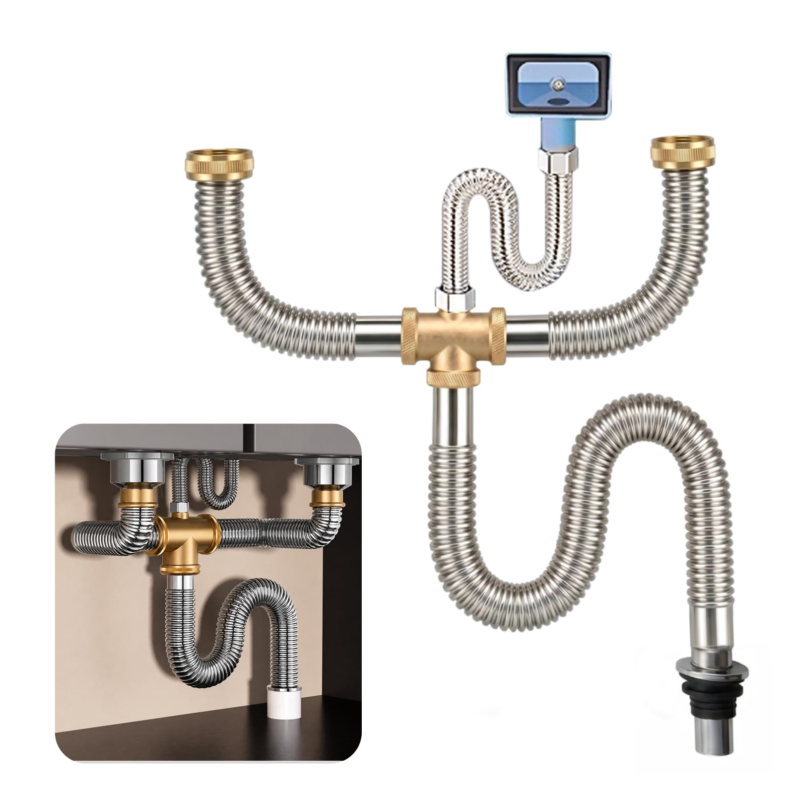 QruiLanTu 40mm Double Kitchen Sink Waste Kit, Flexible Stainless Steel Waste Pipe with Adjustable Corrugated Hose, Space Saving Sink Trap Replacement Kit for Twin Bowl Kitchen Sinks
