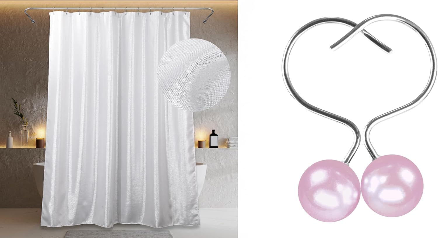 Blush Pink Shower Curtain Hooks & Silver White Glitter Shower Curtain - 72x78 Waterproof Washable Linen Style Fabric Shower Curtain - 12 PCS Rust Proof Metal Shower Curtain Rings (2 Item Bundle)