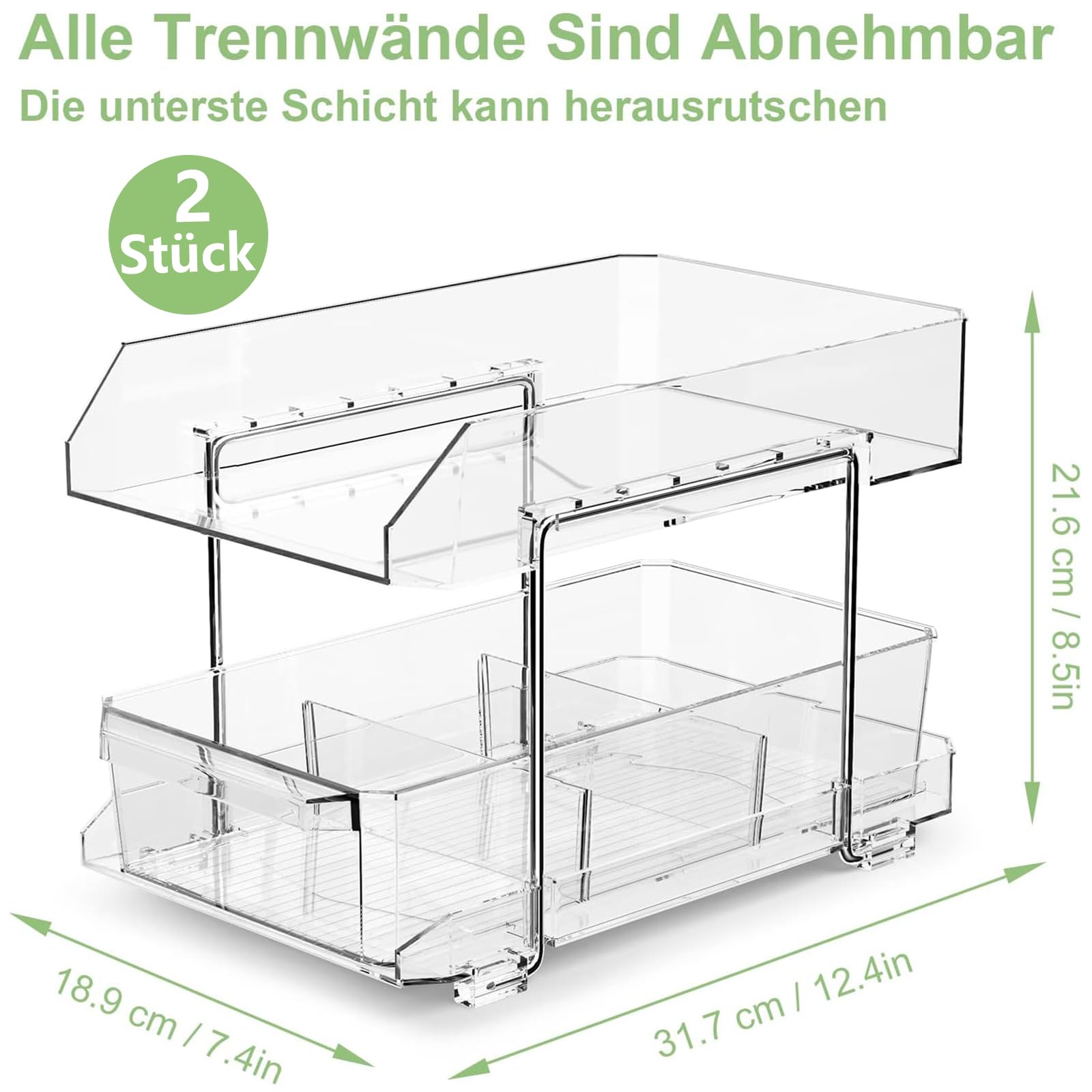 Polegas 2 Stück Küche Organizer Küchenschrank Kühlschrank Unterschrank Organizer, Multifunktionale Acryl mit Schiebeschublade Küchenregal,Unter Waschbecken Organizer Kosmetik, Gewürzregal Ausziehbar