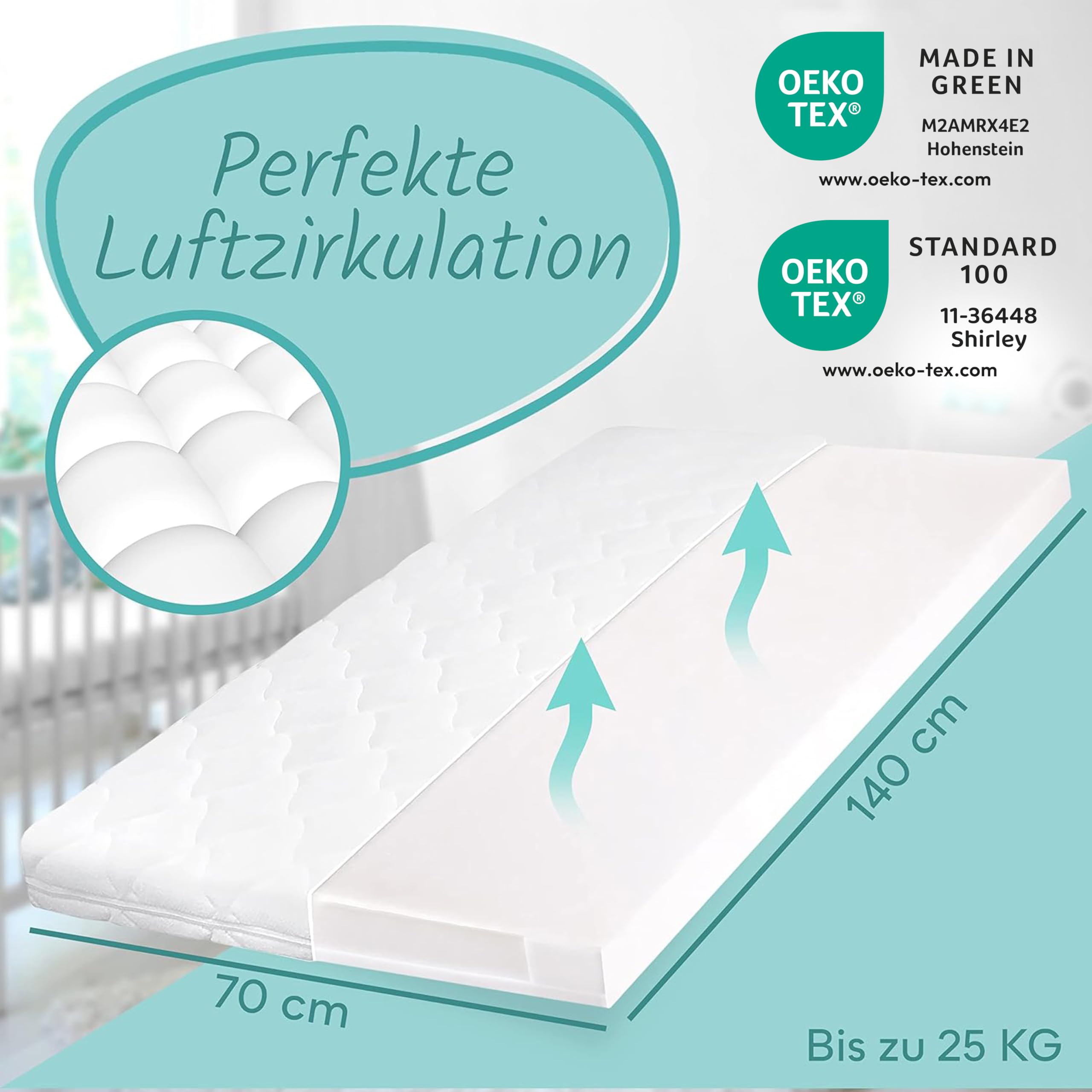 Sun Garden Babymatratze, Kindermatratze 70x140 cm mit Trittkante + Matratzenschoner, Oeko Tex 100 Zertifiziert, Baby Matratze für Babybett, Kinderbett oder Reisebett, Bezug bis 60°C Grad waschbar