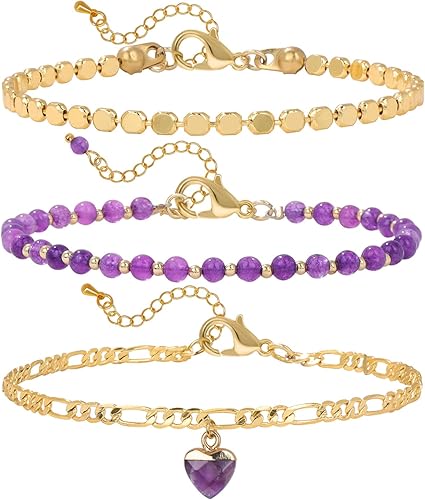 Raicegs Juego de pulseras de cuentas de oro de 18 quilates para mujer, pulsera de cristal en capas de 0.118 pulgadas, amatista, turquesa, cuentas de