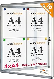 OfficeMarshal Schaukasten 4xA4 inkl. 8 Magnete Infokasten Aushang Aushangkasten Magnetische & beschreibbare Rückwand Plakatschaukasten mit Alurahmen