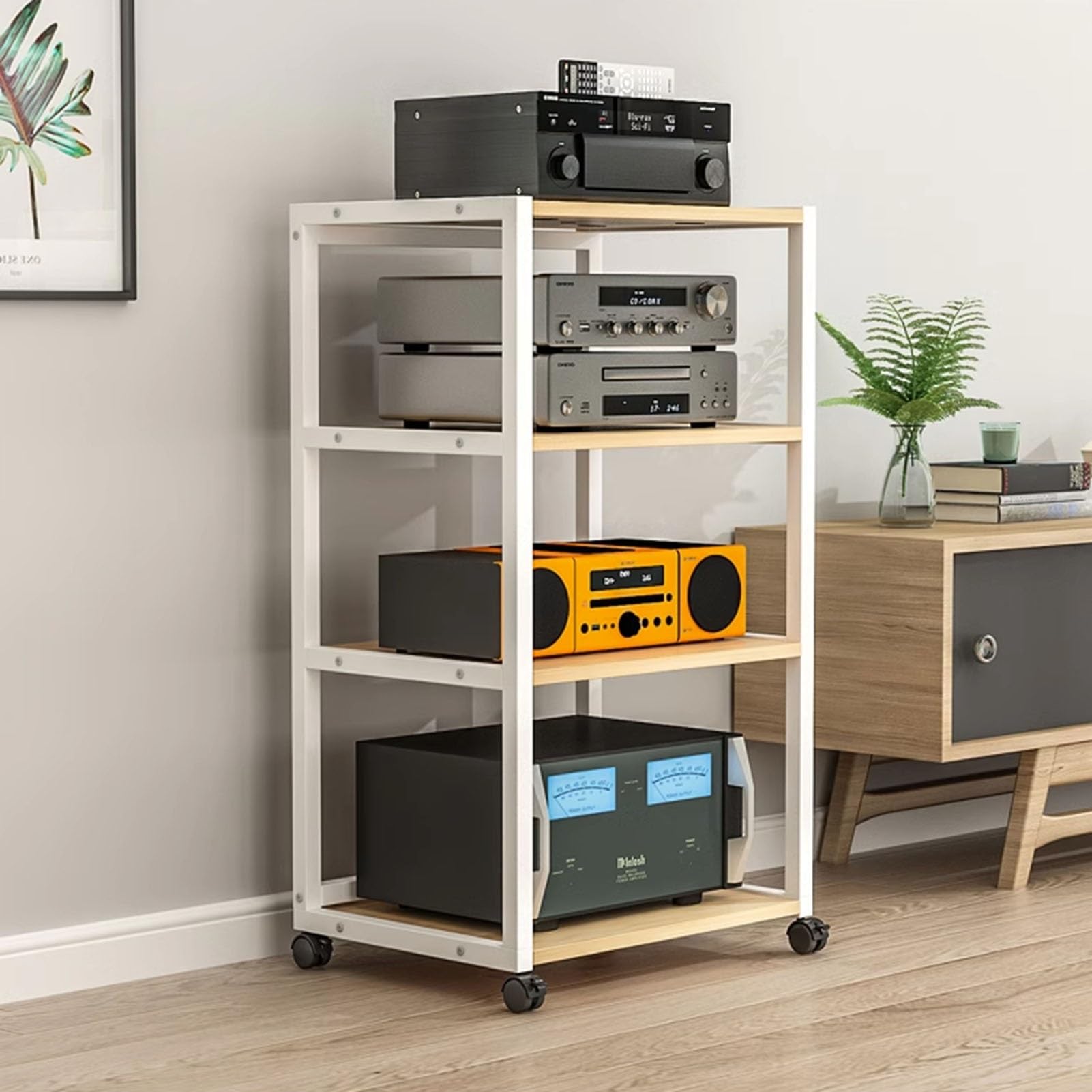 4-Tier Movable Media Stand Audio Video Rack DVD Players Stand Open Storage Stereo Component Cabinet with Wooden Shelf for Home/Office/Theater(Color:White)