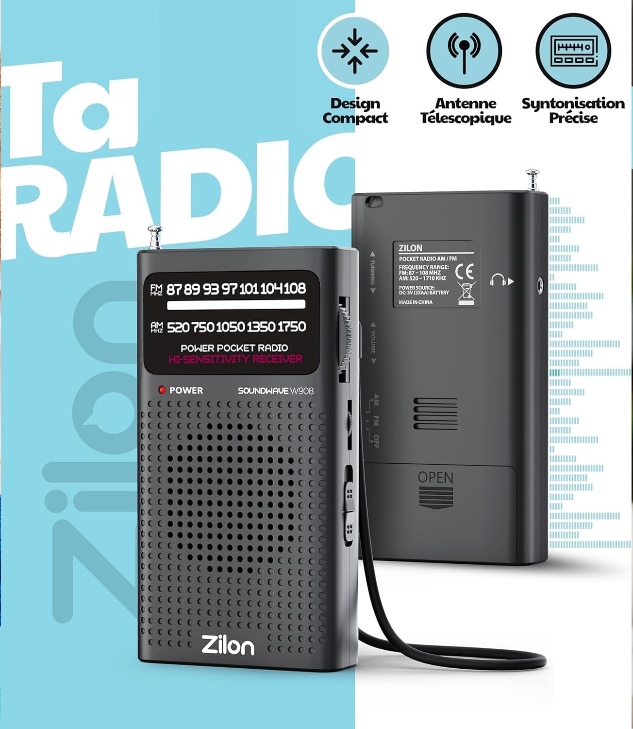 Radio à Piles Portable Petite Analogique Transistor FM Entrée pour Écouteurs Kit d’Urgence Excellente Réception Petit Poche Utilisation Simple Personnes Âgées Chiffres AA (Noire)