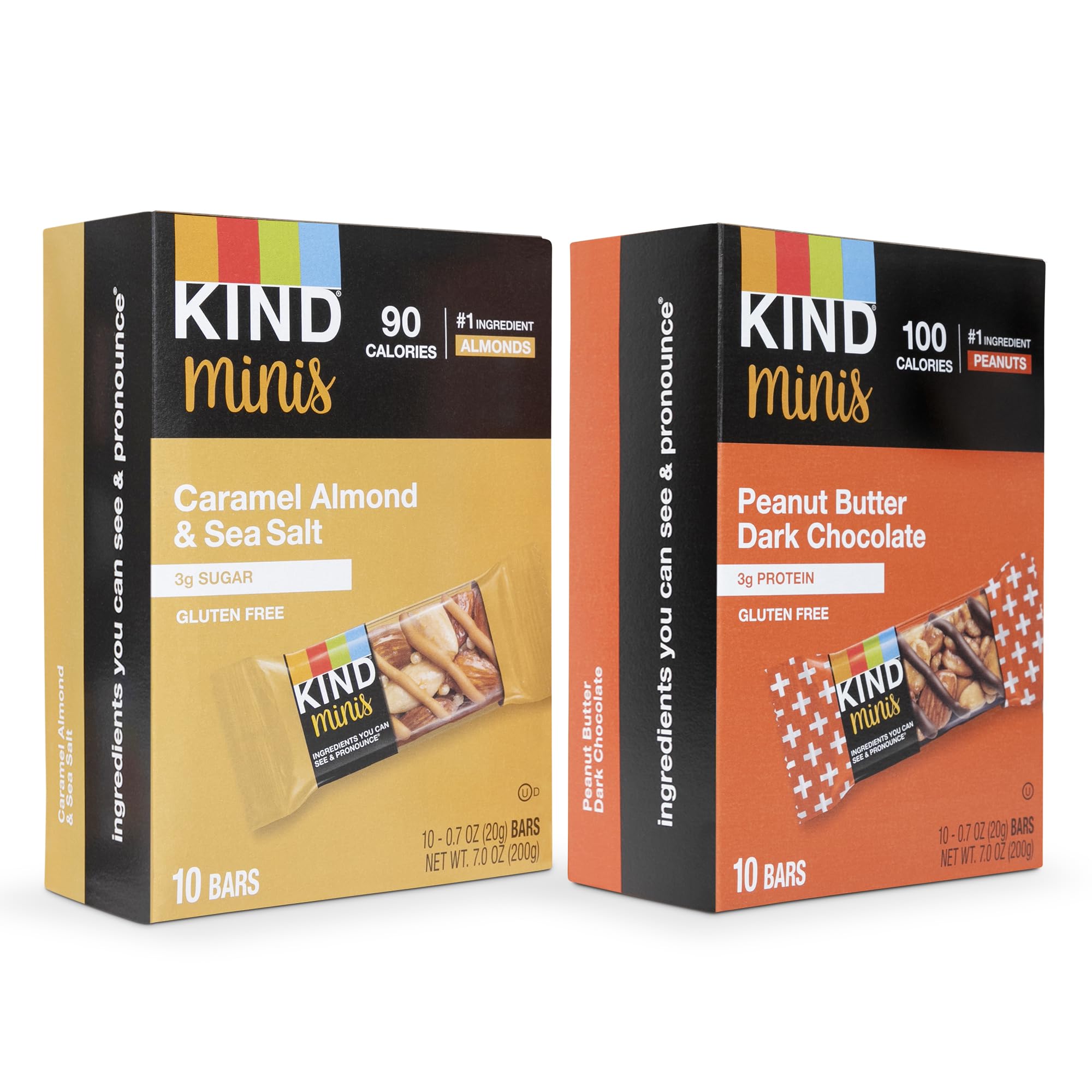 ILIOSKind Minis, Variety Pack. Contains 1 Peanut Butter Dark Chocolate, and 1 Caramel Almond & Sea Salt, Low Calorie, Gluten Free, Low Sugar, Healthy Snacks, Packaging. [20 Bars]