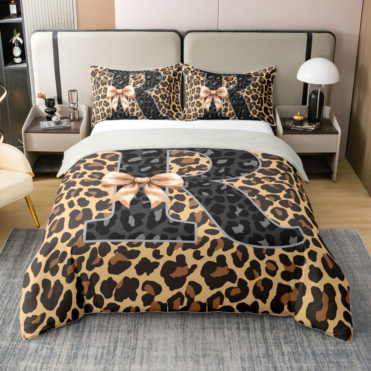 Housse de couette 240x260 coton enfant parure de lit lettre R guépard marron fille