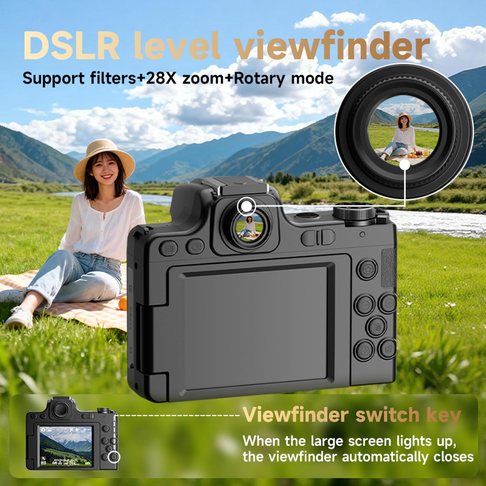 XUMIUZIY Fotocamera Digitale, Video 4K da 68 MP Zoom 28X AF MF con Supporto per Flash Hot-shoe da 2,8 Pollici con Flip Screen da 180 Gradi per la Fotografia