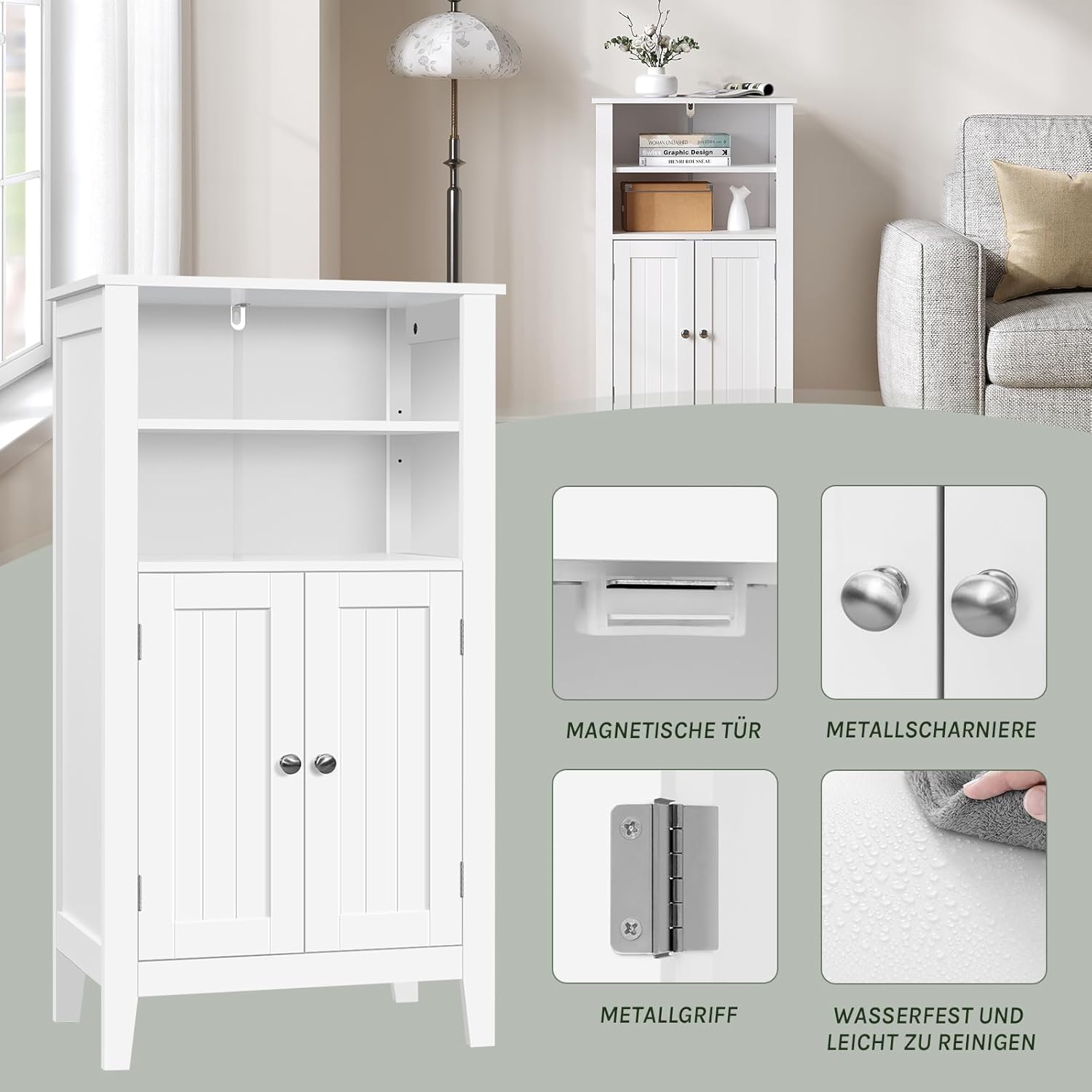 Close-up images highlighting key features: magnetic door, metal hinges, metal handle, and waterproof surface.