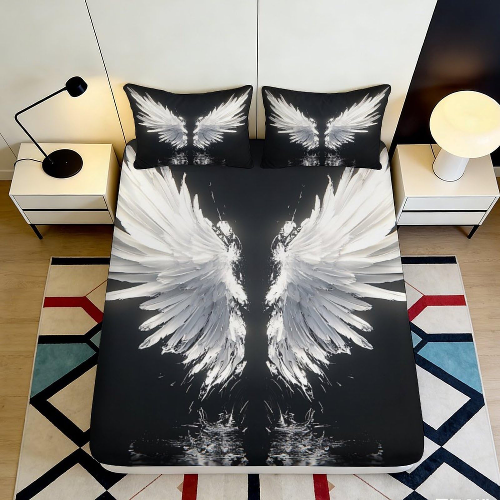 Pnayamiorkfel Style-7 3D Printed Angel Wings Fitted Sheet Microfiber Black White Artistic Bed Cover For Bedroom Guest Room Easy Care 90X200x25cm