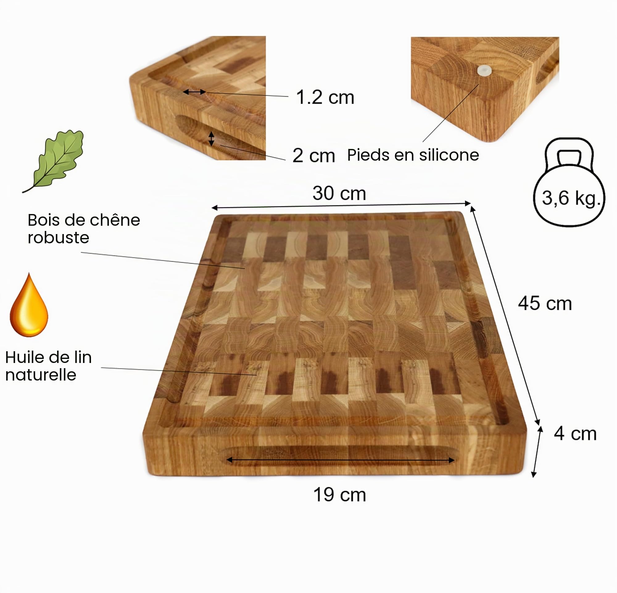 B4K 45L x 30l cm Planche à Découper en Bois de Bout de Chêne avec Support – Bloc de Boucher Premium, Surface Antibactérienne, Pieds Antidérapants et Rainure à Jus