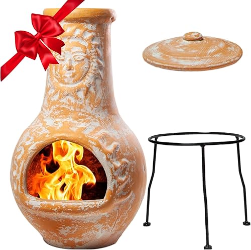 Wiosi Chimeneas medianas de arcilla para exteriores con tapas de lluvia y soportes de metal sólido, chimenea de terracota amarilla, chimenea rústica