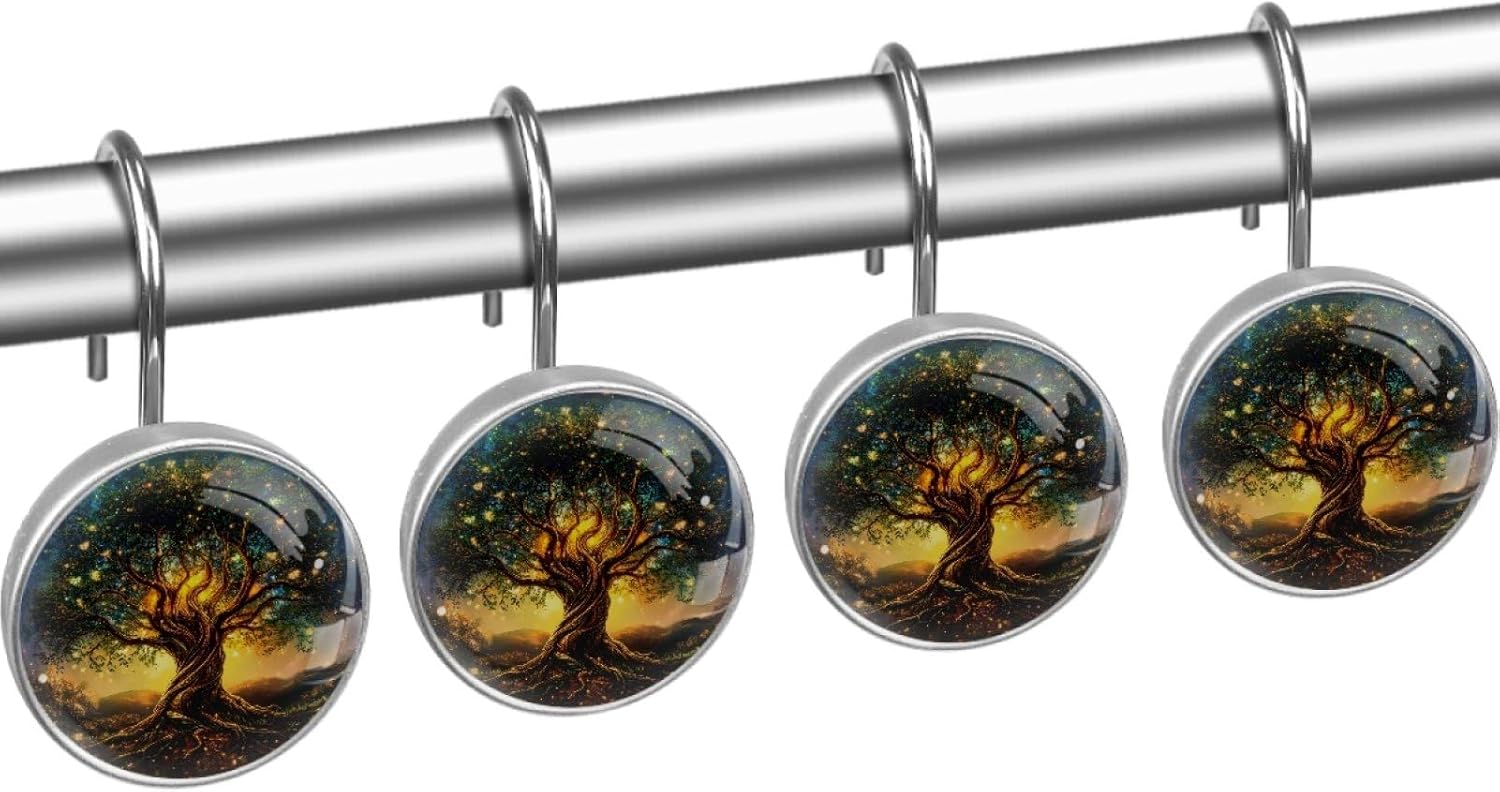Tree of Life Aesthetic Pattern Bathroom Shower Curtain Hooks, 12 Pcs Stainless Steel Shower Curtain Hooks Rings for Bathroom Shower Rods Curtains