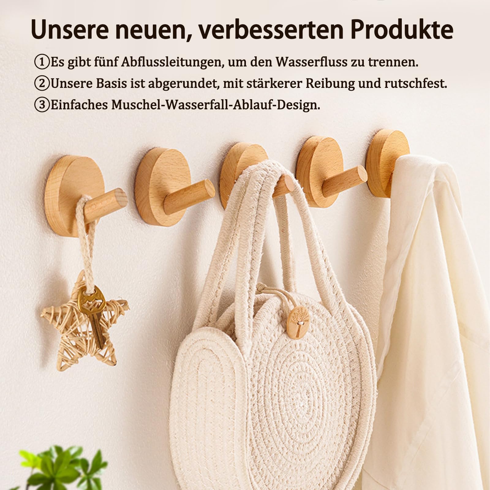4 Pezzi Ganci Appendiabiti, Ganci Senza Foratura, In Legno Di Alta Qualità Per Parete Asciugamano Doccia Bagno Piastrelle Porta Cucina Finestra (faggio)