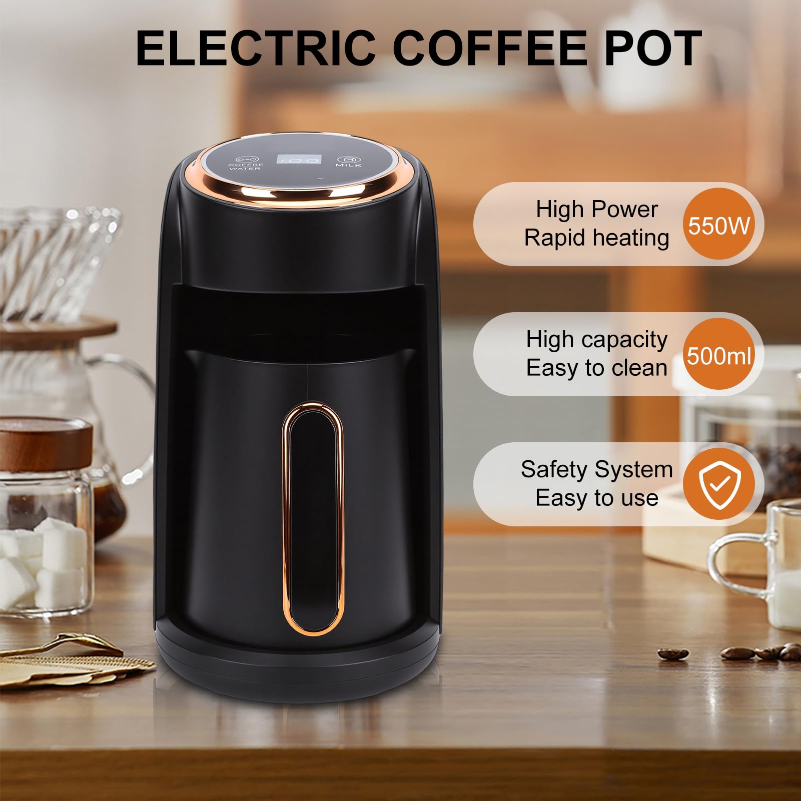 Cafetera Eléctrica para Café Griego, 600 W de Potencia de Vapor, Capacidad para 3-5 Tazas, Diseño Compacto, Depósito de 0,5 L, Espumador de Leche para Latte y Capuchino