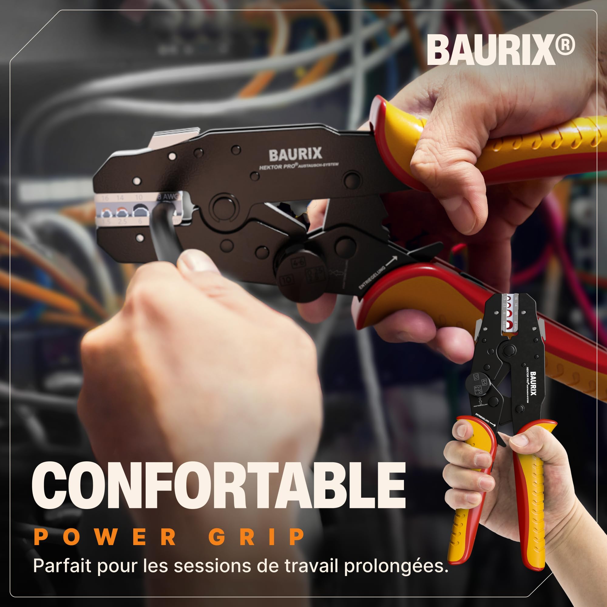 BAURIX® Pince à Sertir Mâchoires Interchangeables – + Pince à Dénuder | Modèle HEKTOR PRO & AKURA. 6 jeux de mors + pince à dénuder. Cosses, fastons, embouts et connecteurs isolés.