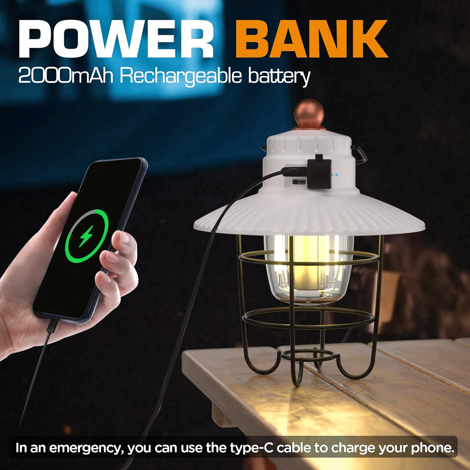 EverBrite LED Camping Lantern Pack of 2, USB C Rechargeable Lantern with 3 Light Modes, Vintage Outdoor Lanterns with Power Bank Function for Power Outages, Hurricane, Emergency, Fishing - Image 4