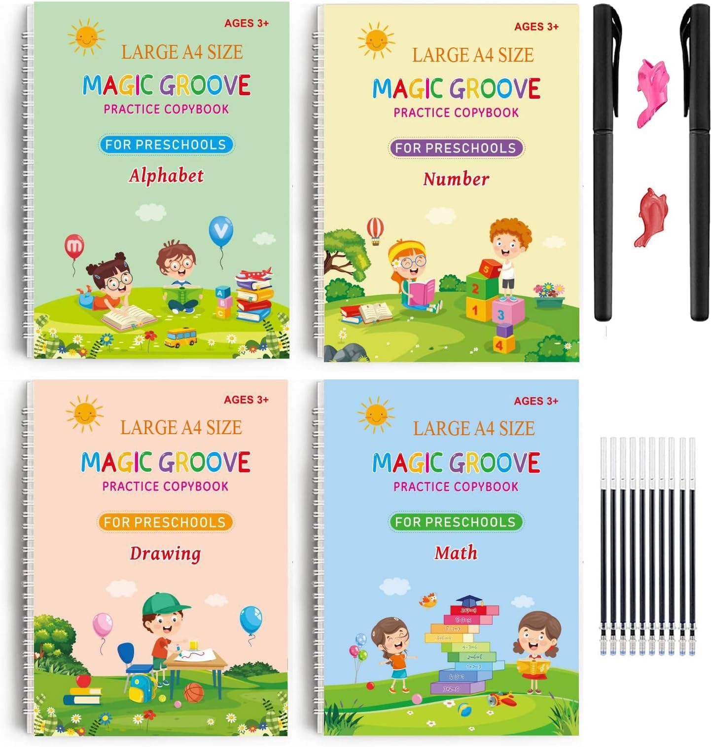 Upgraded Large Sank Magic Practice Copybook (Size 26 x 18cm ), Number Tracing Book for Preschoolers with Pen, Magic Calligraphy Copybook Set Practical Reusable Writing Tool (LARGE A4 SIZE 4 BOOK + 10 REFILL)