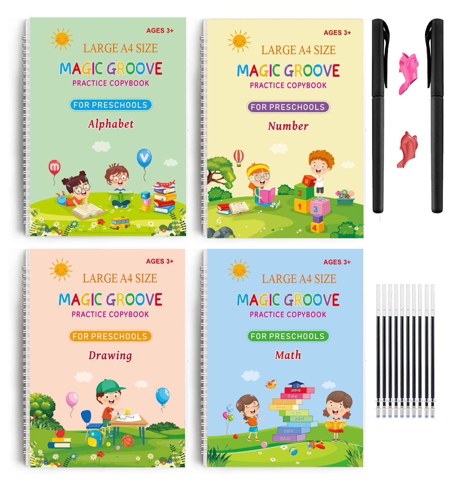 Upgraded Large Sank Magic Practice Copybook (Size 26 x 18cm ), Number Tracing Book for Preschoolers with Pen, Magic Calligraphy Copybook Set Practical Reusable Writing Tool (LARGE A4 SIZE 4 BOOK + 10 REFILL)