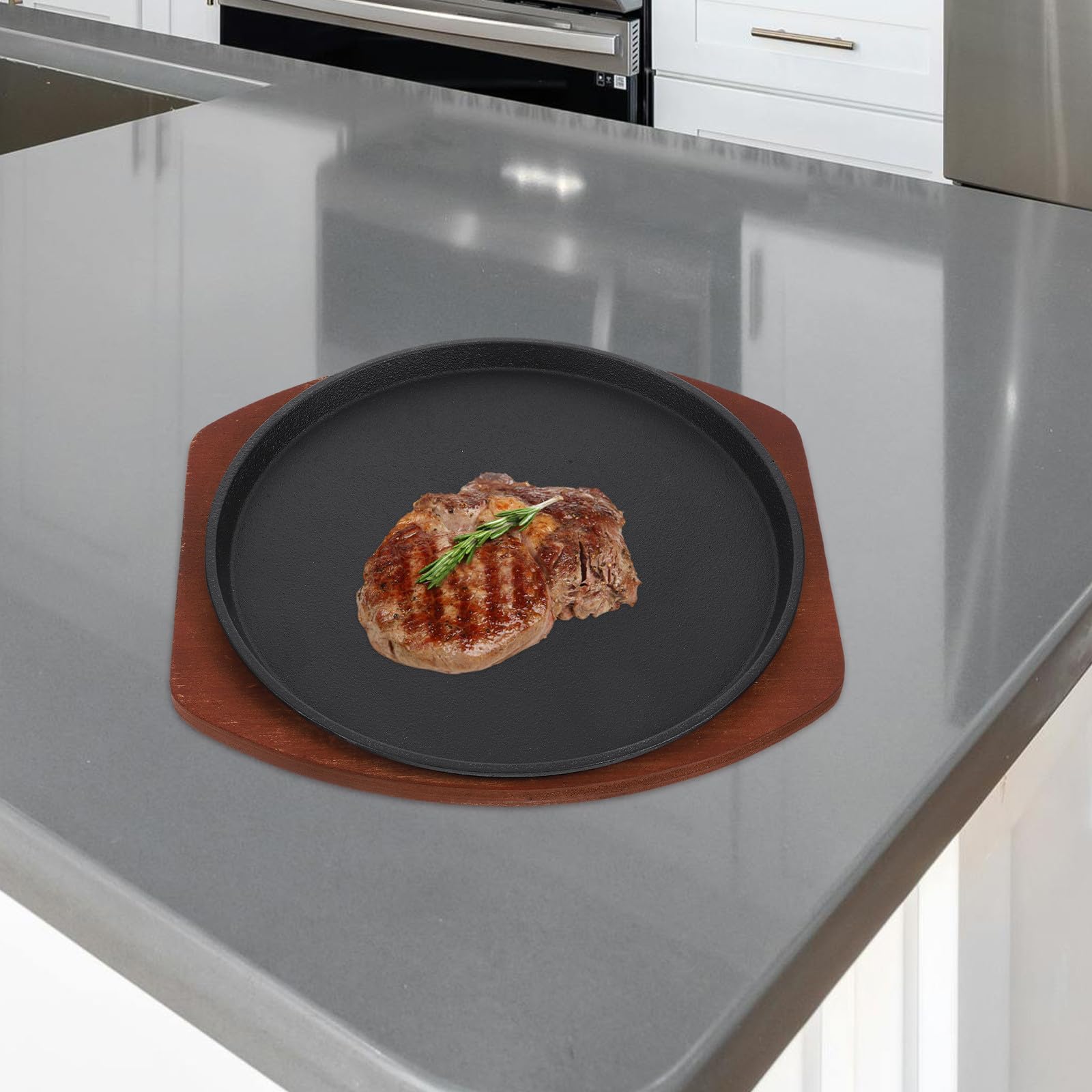 SHERCHPRY Plancha de Hierro Fundido Base de Madera para Carne y Pescado, Excelente Conductividad Térmica y Distribución Uniforme del Calor para Barbacoa
