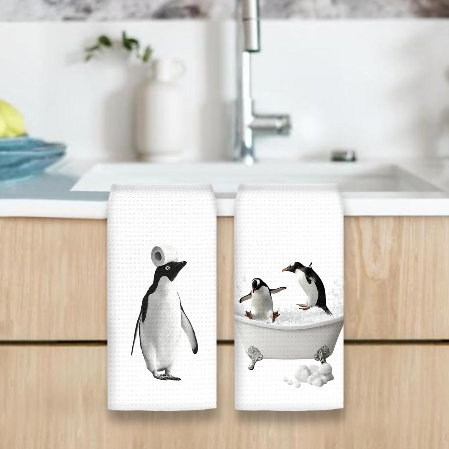 Funny Penguin Hand Towels Set of 2, Funny Penguins Take a Bath Hand Towels for Bathroom Washroom Restroom, Penguin Decor Gifts for Kids, Cute Penguins Kids Nursey Bathroom Decor, 16x24In - Image 6