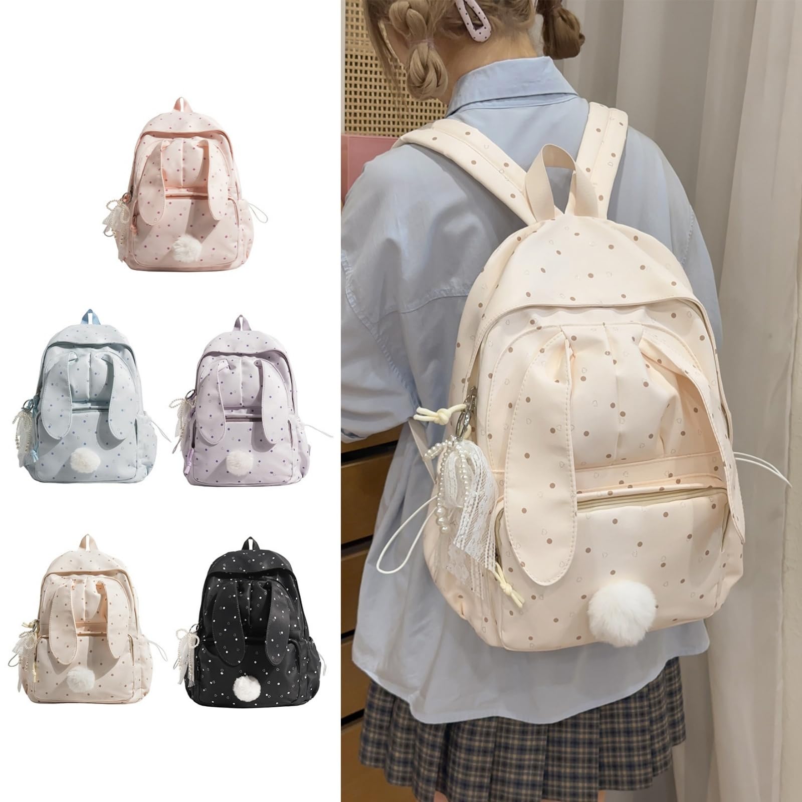 Süßer Rucksack Mädchen mit Hasenohren, Großer Schulrucksack Wasserdicht für Teenie Mädchen, Niedlicher Kawaii Schultasche für Schule, Freizeit und Alltag (Schwarz)