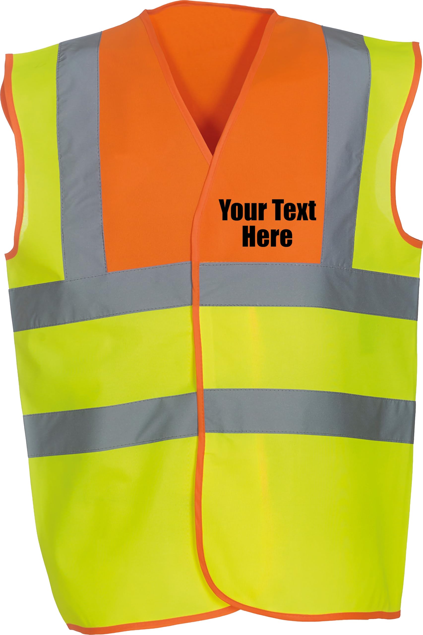 Personalised Printed Back Front Hi Vis Vest Your Custom Slogan/Text/Name/Logo Reflective Waistcoat Workwear Uniform High Visibility Safety Vest Gift Unisex Top(XXL, Orange Yoke/Yellow)