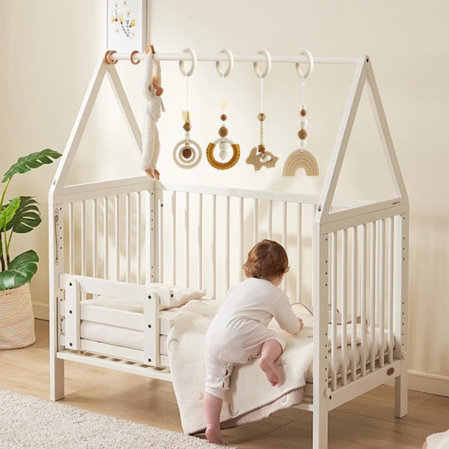 BINYI 4-delige draagboog, wekker, baby, hout, speelboog, speelgoed om op te hangen, baby, spelletjes, kinderwagen, speelbogen voor speelgoed, pasgeborenen, van hout, voor babyzitje, kinderwagen (wit