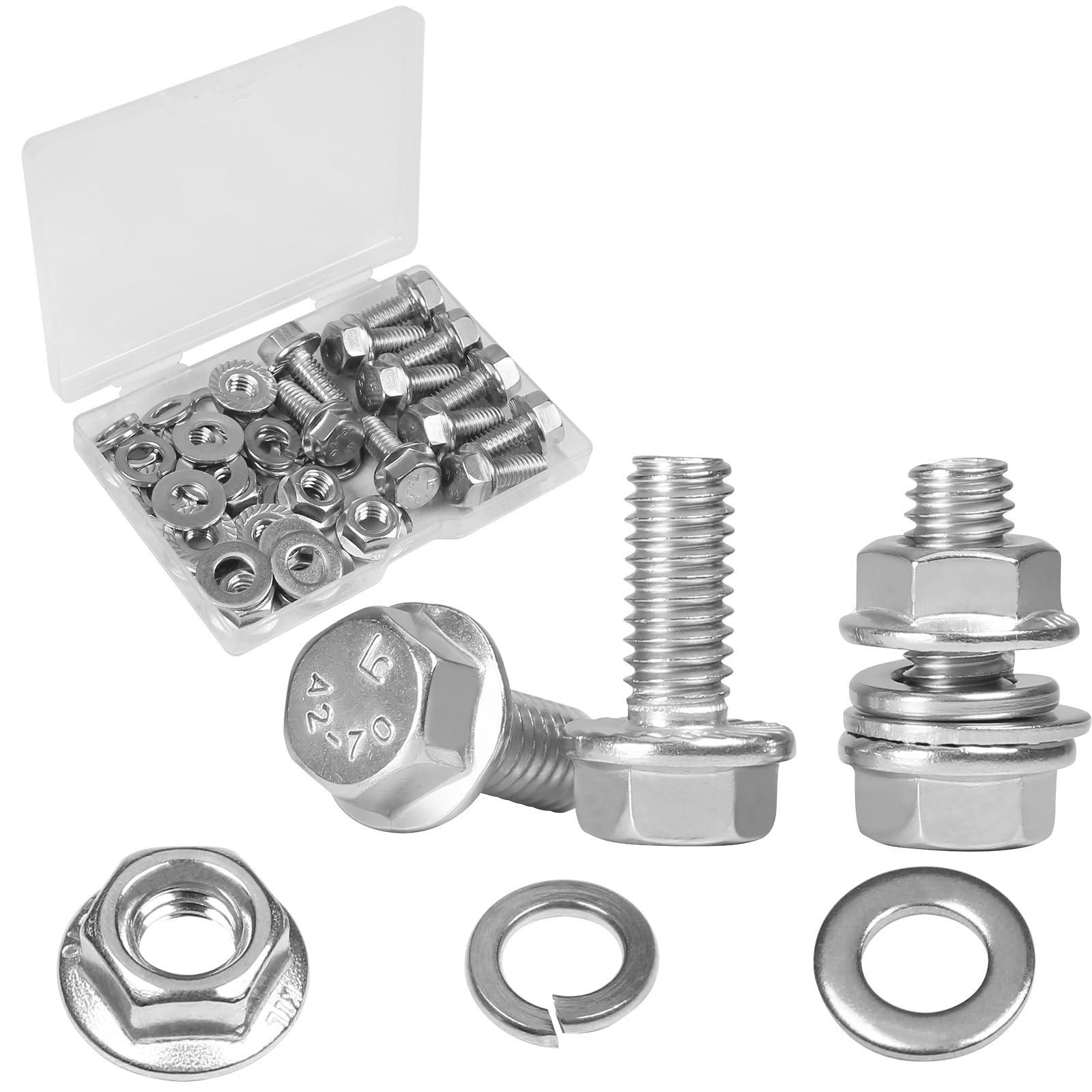 Yinpecly 10 Sets 5/16-18 x 3/4" Flanged Hex Head Bolts Kits, 5/16-18 Flange Hexagon Screws and Nuts,Flat & Spring Lock Washers, 304 Stainless Steel 18