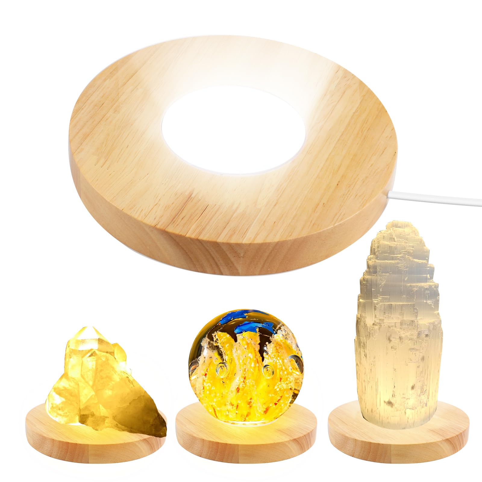 Wooden LED Light Display Base Stand 15CM, USB Round Light Display Base with 3 Light Modes, Crystal Display Base, Wood Base Light Round Light Base for Crystal Glass Resin Art Jewelry Acrylic (Wood)