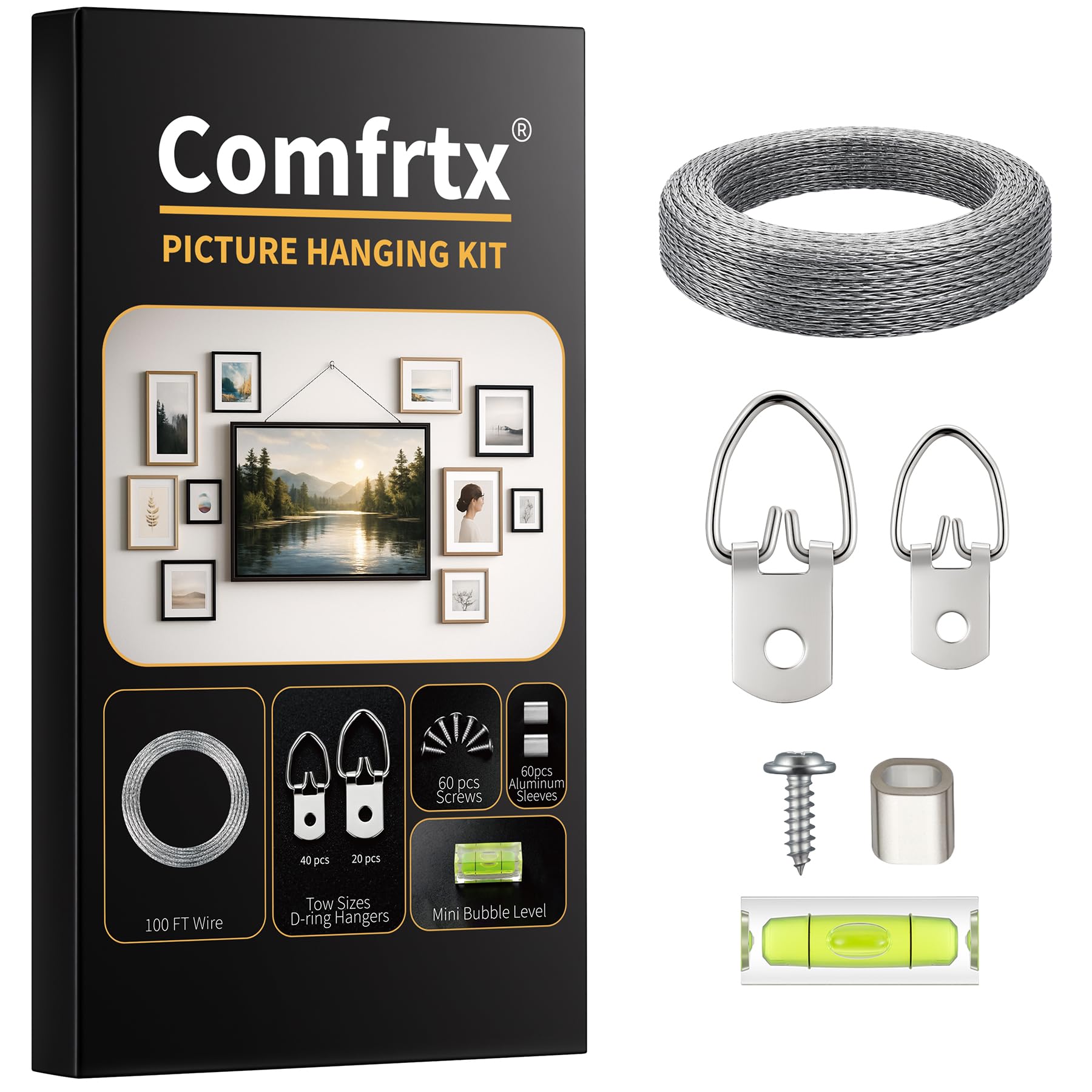 Bilder-Aufhängedraht-Set – 30 m geflochtener Draht mit D-Ring-Bilderaufhängern (40 kleine + 20 robuste), Schrauben, Aluminium-Crimphülsen und Wasserwaage, Wandaufhängung für Leinwand, Rahmen