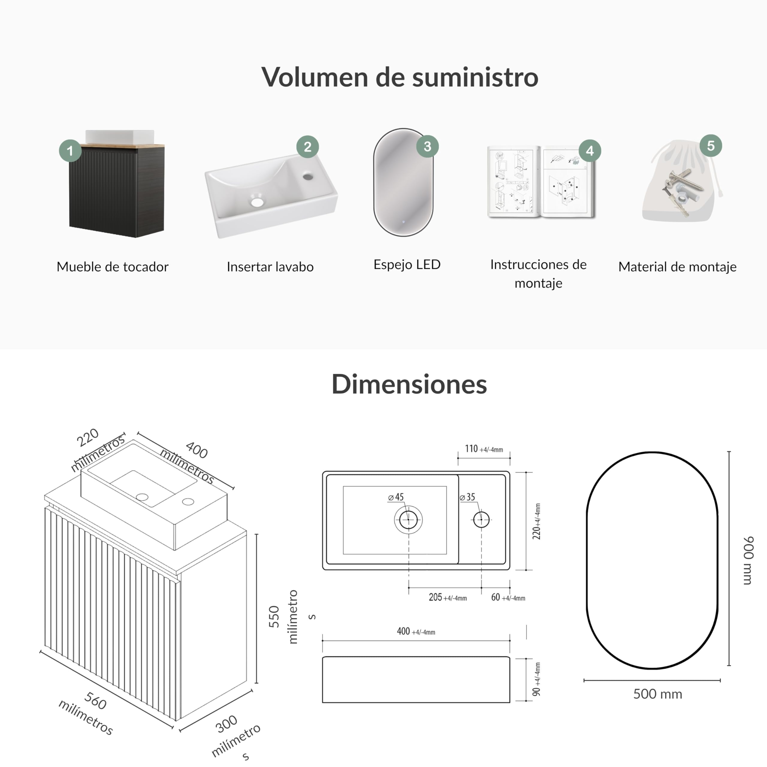 Planetmöbel Conjunto de muebles de baño Lavabo con mueble bajo 56 x 55 x 30 cm Antracita y roble dorado, espejo de baño con iluminación, 50 x 90 cm, espejo con marco, ovalado, 3 niveles de iluminación