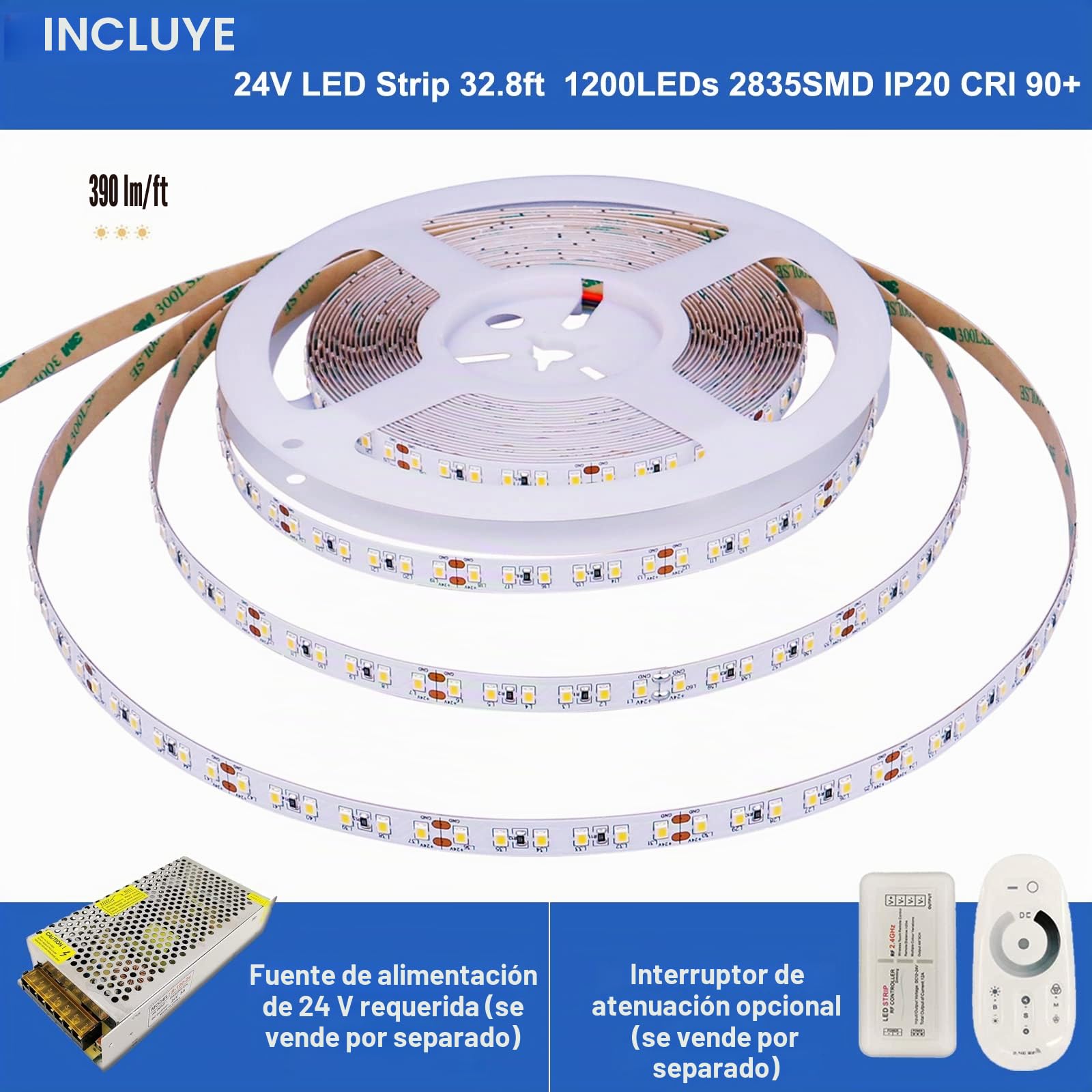 JOYLIT Tira LED 24V 3000K Blanco Cálido 10M 1450LM/M Interior 120LEDs/M | Profesional, 2835 SMD, CRI 92, 15W/M, 10MM, Regulable, Corte cada 5cm, Cinta Autoadhesiva Armarios, Estanterías (Solo Tira)