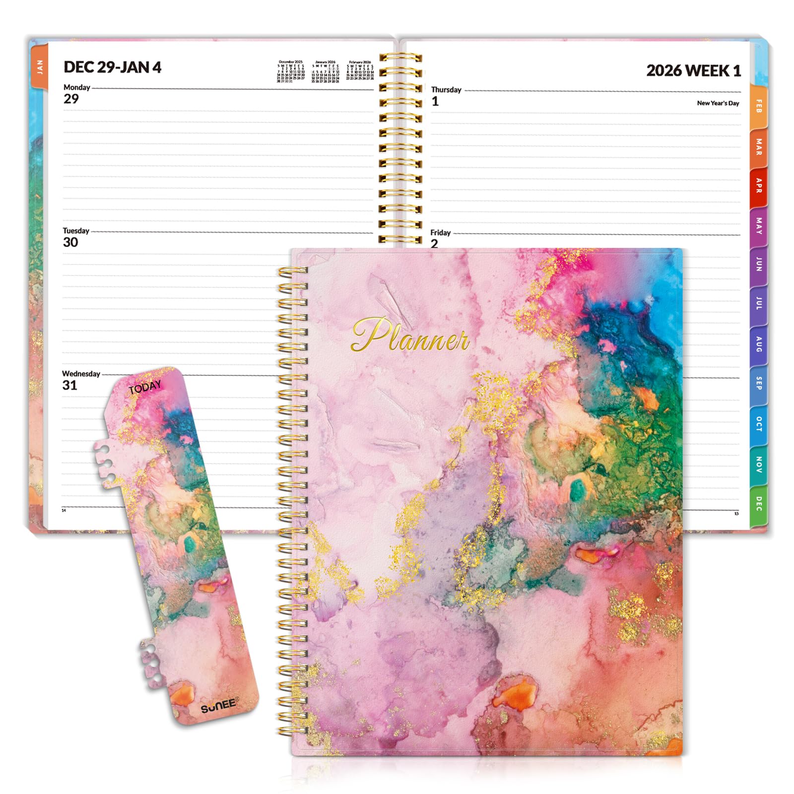 SUNEE 2026 Weekly and Monthly Planner - from January 2026 - December 2026, 8.5"x11" Daily Agenda Planner with Monthly Tab, Flexible Cover, Note Pages, Pockets, Bookmark, Spiral Binding, Pink Marble