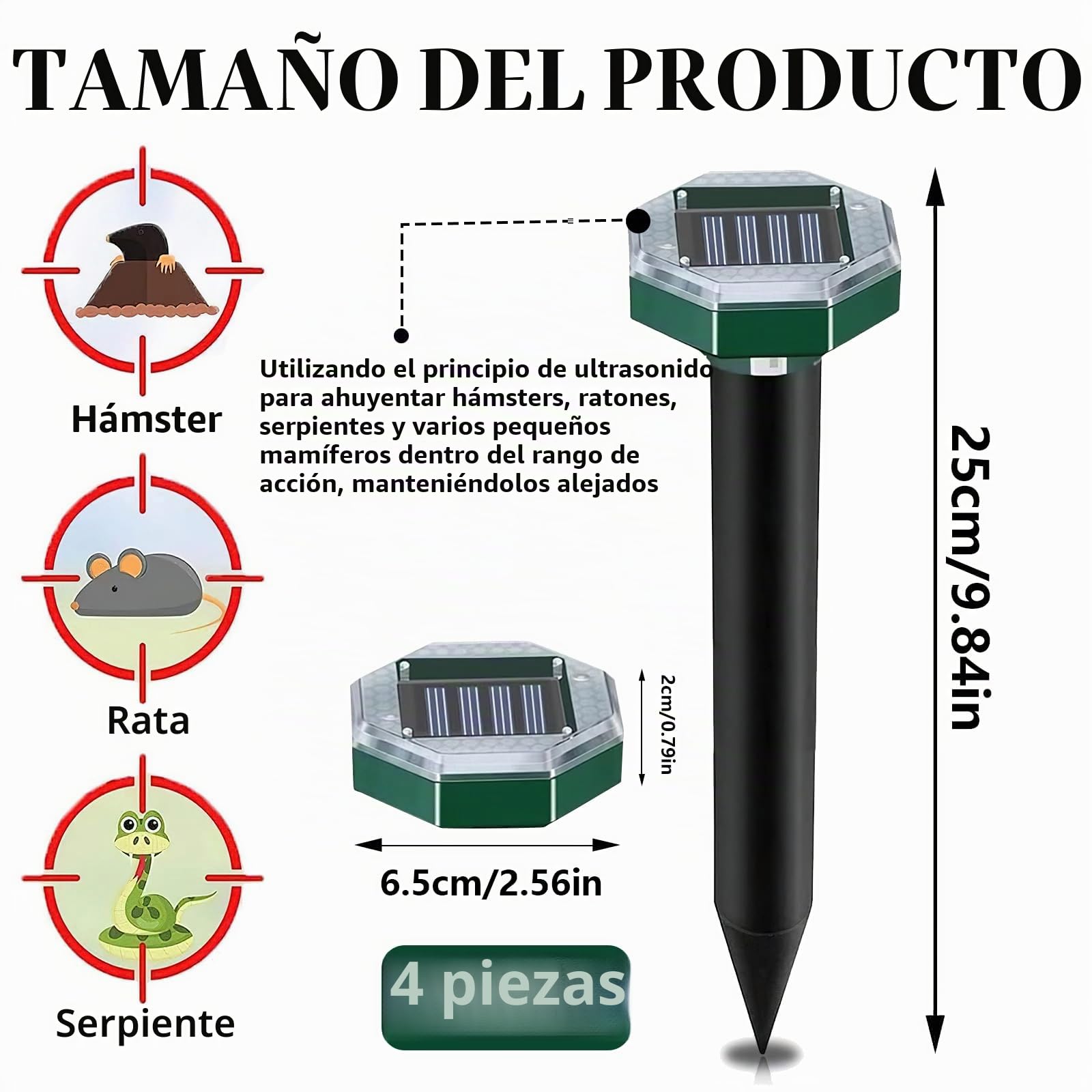 Ahuyentador de Ratas, RosyFate 4 Piezas Repelente Ratas Ultrasonido Exterior, Ahuyentador de Topos y Ratones Solar, IP65 Impermeable, Anti Topos,Serpientes,Ratones
