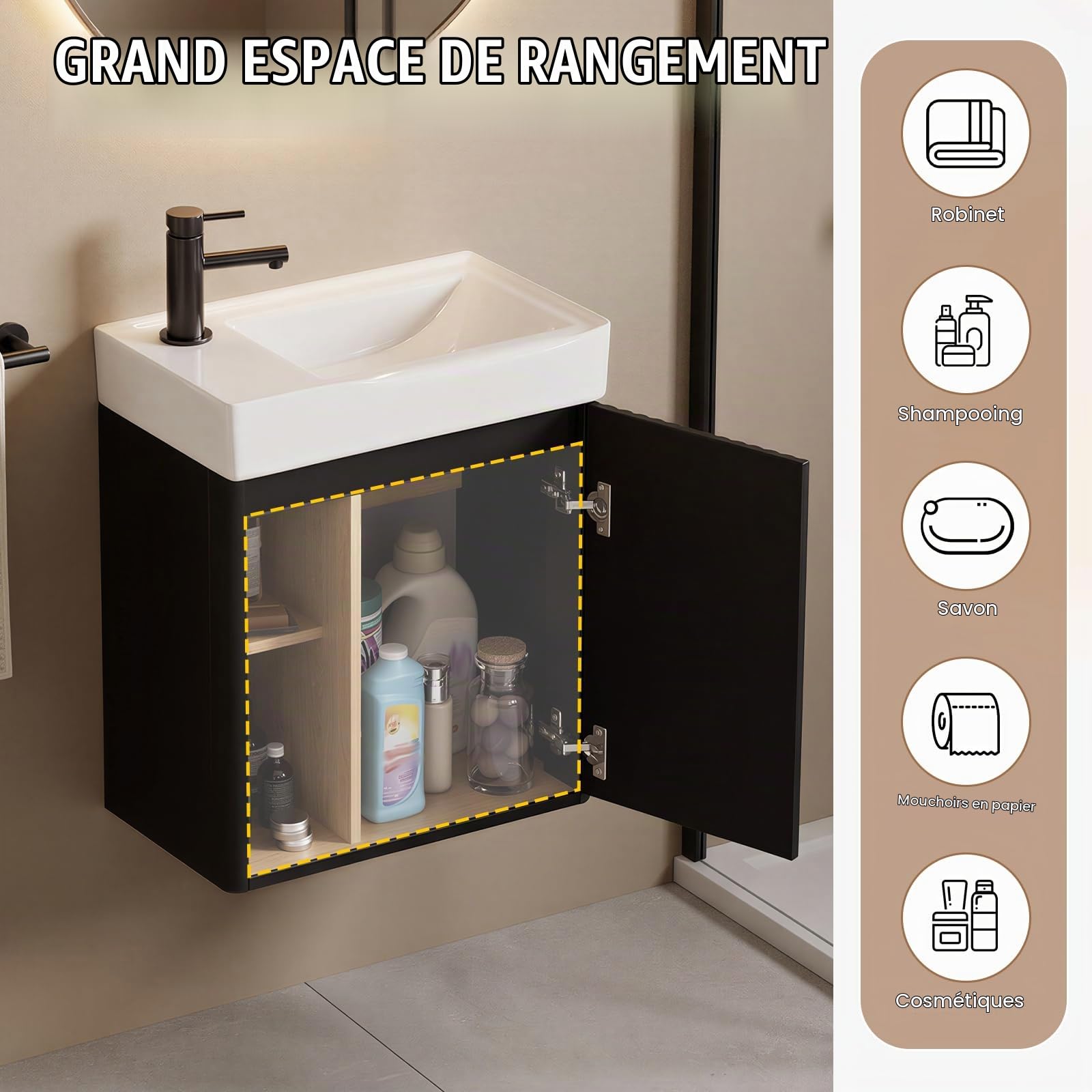 MSFE Meuble Lave Main WC 50 cm Largeur,Meuble Lave-Mains Mural avec Lavabo en Résine,Espace de Rangement Caché/Ouvert pour Petites Salles de Bain et WC,Motif de Ligne,50 * 60 * 30cm,sans Robinet