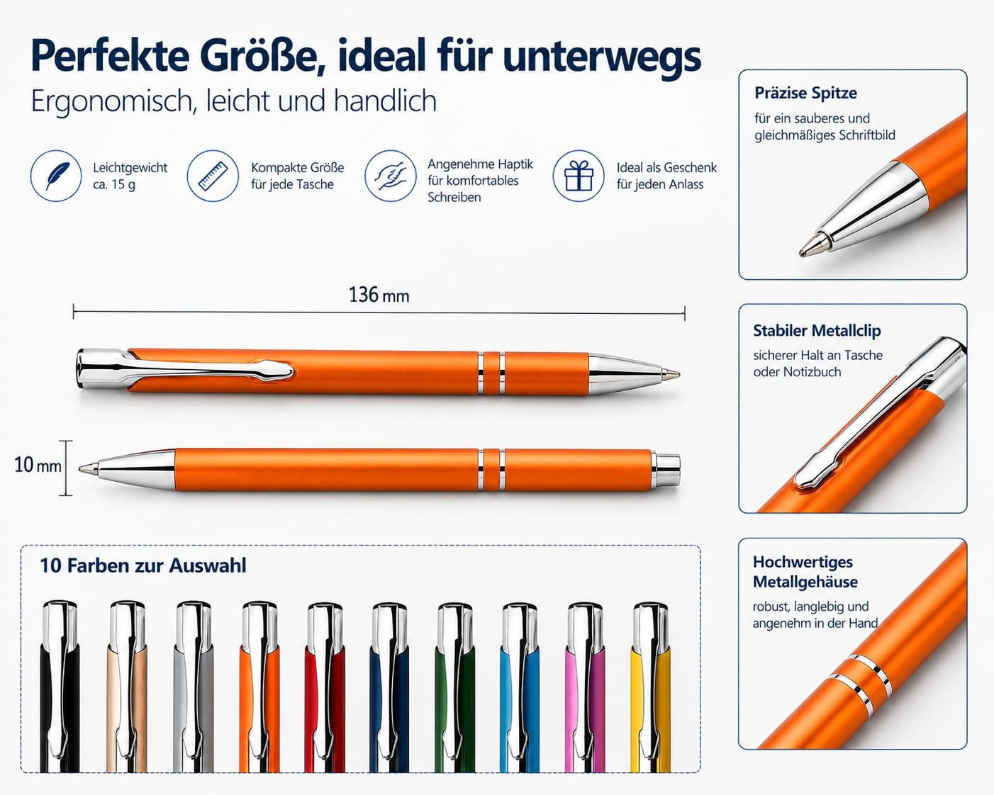 WPRO 100 Stück Metall Kugelschreiber bunt | Blauschreibende austauschbare Großraummine | Metallclip | Hochwertig | Für Büro und Studium