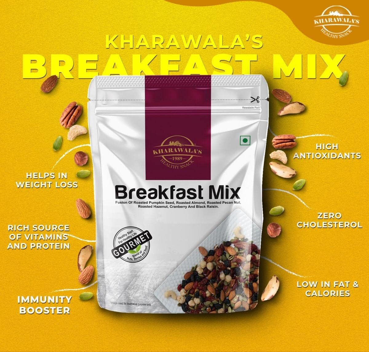 KHARAWALA'S Breakfast Mix - Pack of 4 (200gm Eac) | Fusion of Roasted Pumkin Seed, Almonds, Pecan Nuts, Hazelnut, Cranberry & Black raisins 4