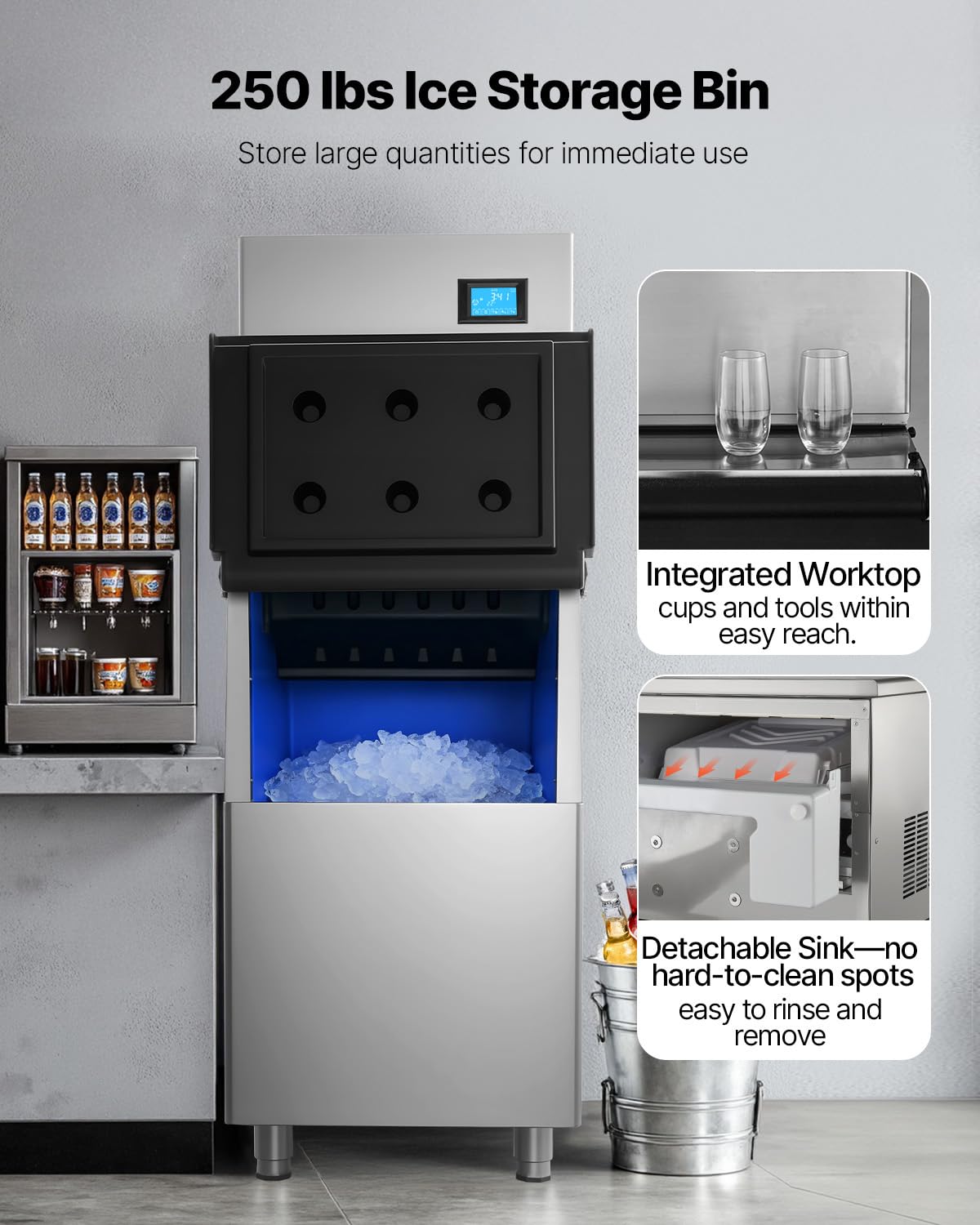 VEVOR Gewerbliche Eismaschine Prozessorkopf 163 kg/Tag Edelstahl, mit Selbstreinigung & Touchscreen, Eiswürfelbehälter mit 113 kg Kapazität, Ideal für Restaurants Bars Cafés Hotels