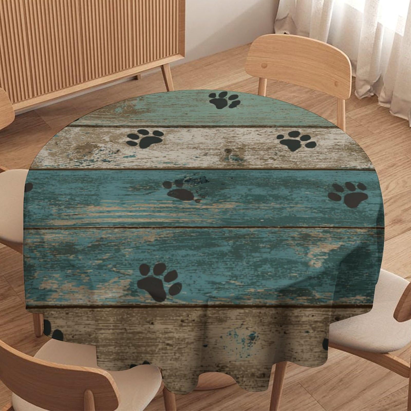 LUYYSKY Modern Cute Paw Print Waterproof Round Tablecloth Retro Rustic Wooden Board Animal Paw Prints Washable Table Cover for Kitchen-127 Wx127 L cm