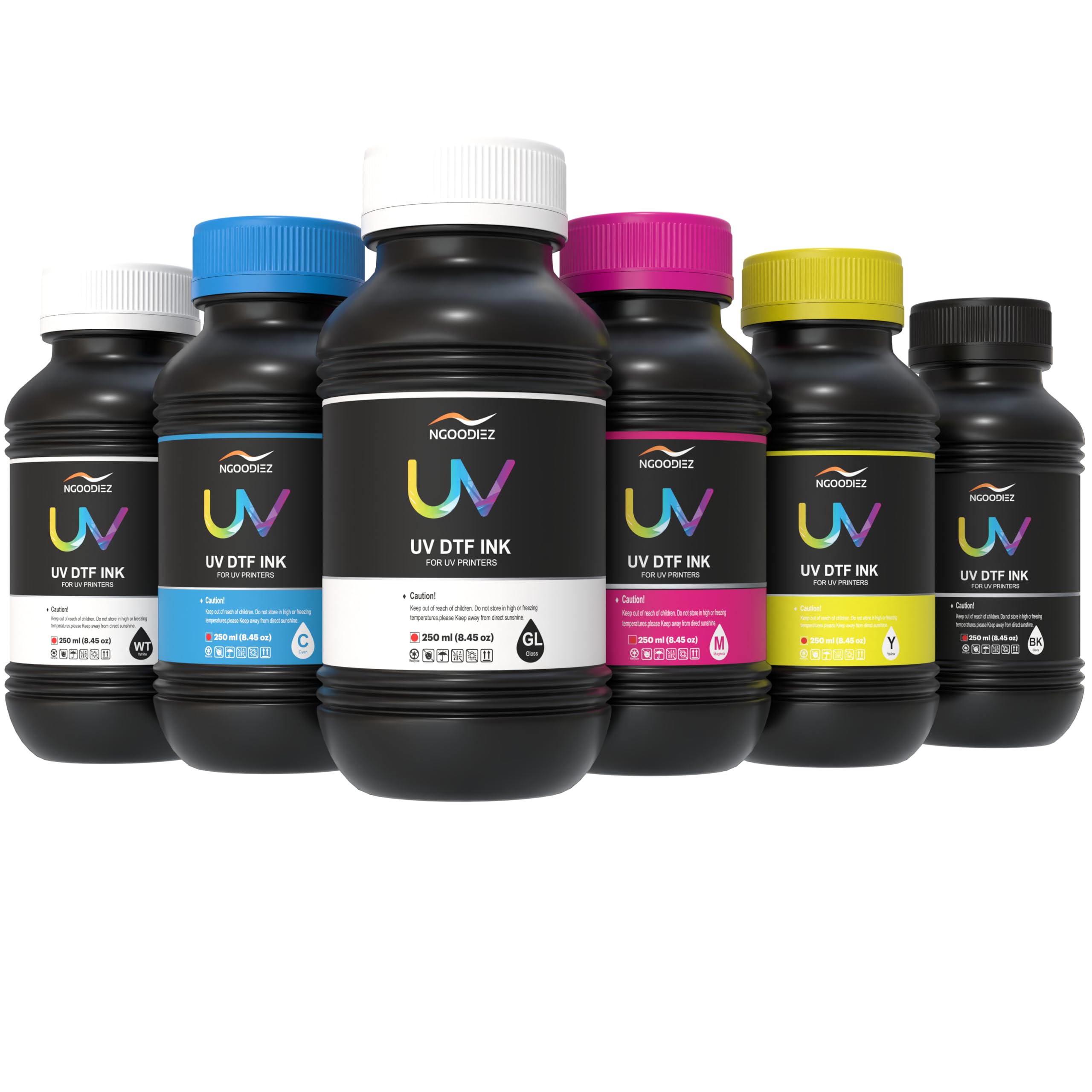 NGOODIEZ UV DTF Ink - 6 Color Set for UV DTF Printers - 250ml Each | Fast Drying, High Adhesion, Glossy Finish, Anti-Clog | UV Ink for Acrylic, Glass, Wood, Metal & More - CMYK + White + Varnish