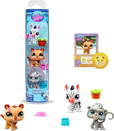 Littlest Pet Shop Bandai Zoo Pets BF00597 Pack of 3 Pet Accessories, Collector's Card and Virtual Code, Generation 7, Pets #96, #97, #98, Children 4 Years +